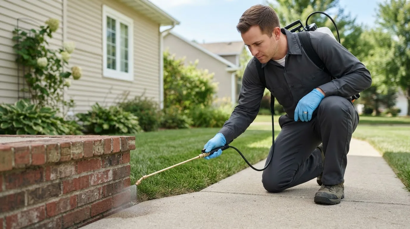 Pest control technician treating a home near Cleveland, AL